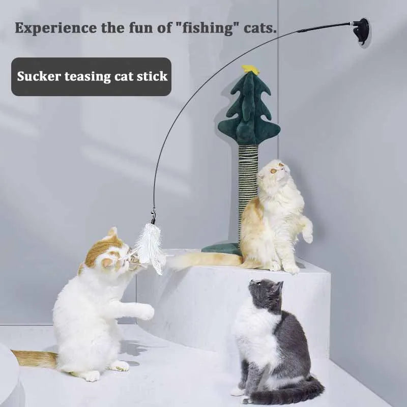 🐱🎀 Funny Fluffy Feather Cat Teaser Wand with Bell & Suction Cup