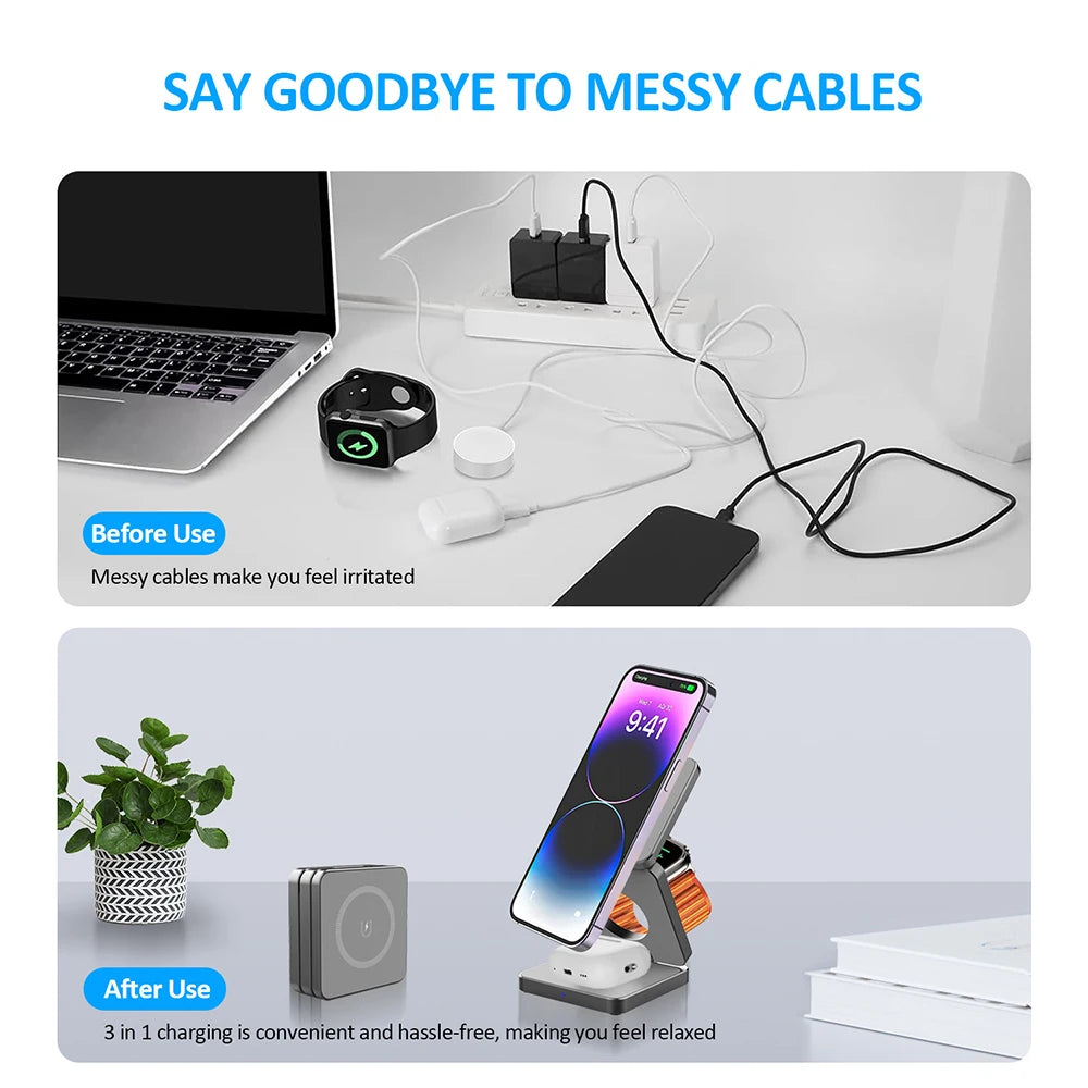 3-in-1 Foldable Magnetic Wireless Charging Station for iPhone & Apple Watch