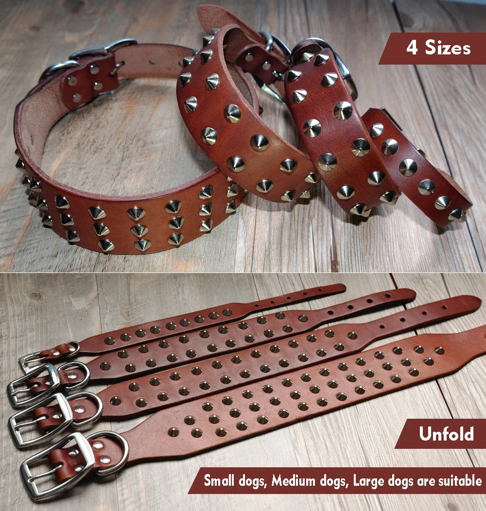 🐕🖤 Genuine Leather Dog Collar – Studded & Spiked Rivet Collar for Large Dogs | Pitbull, Mastiff, Boxer (XS–L)