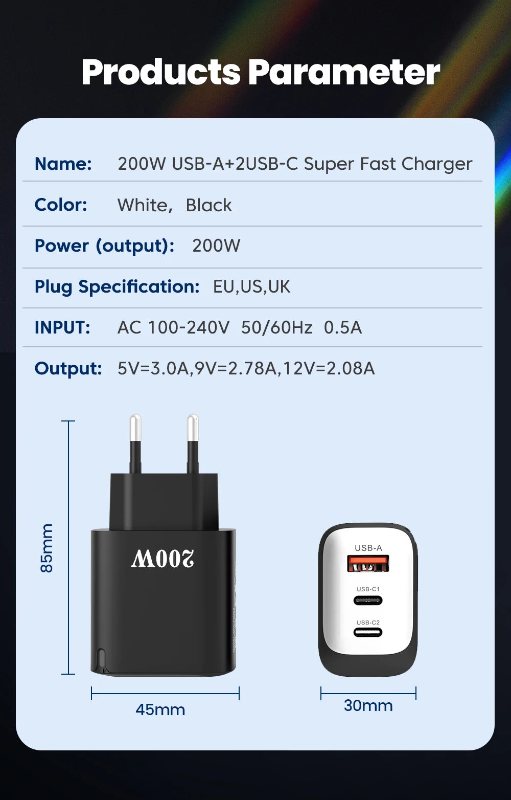 200W USB Type C Charger Quick Charge Portable Fast Charger 1U+2C Multi Port Charging Head