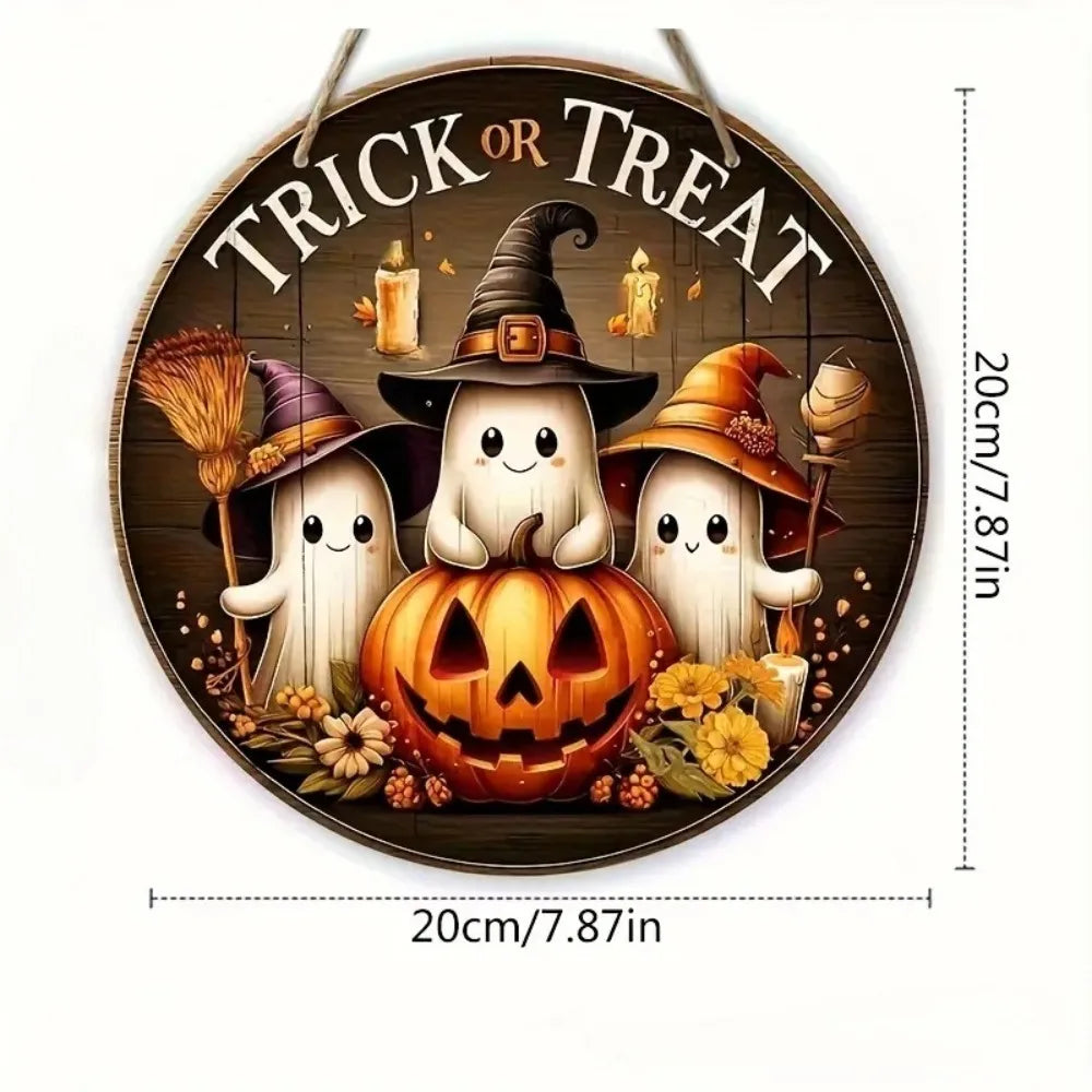Halloween Wooden Round Sign – Ghost, Pumpkin & Witch Hat