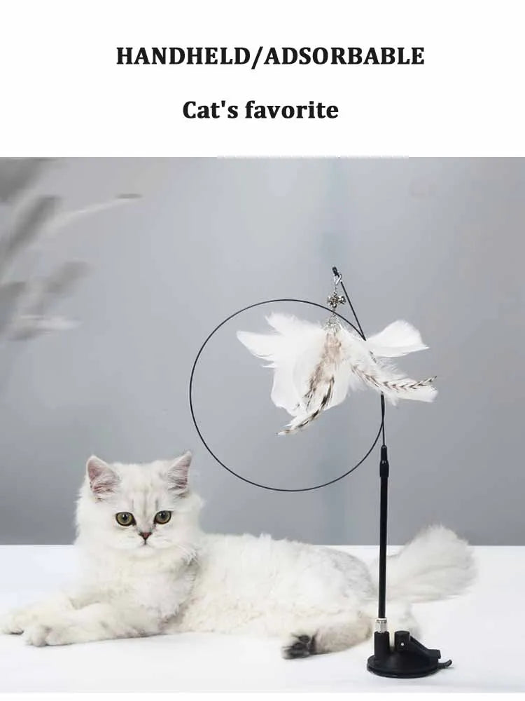 🐱🎀 Funny Fluffy Feather Cat Teaser Wand with Bell & Suction Cup