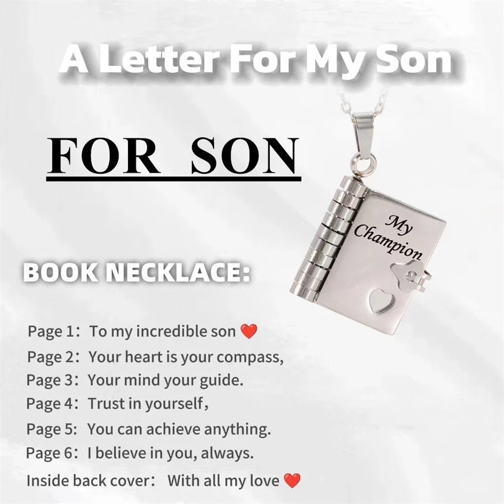 📖💙 To My Champion Son Book Necklace 🏆 | Engraved Openable Book Pendant with 6 Message Pages ✨ | Birthday Gift for Boys – My Little Hero 💪