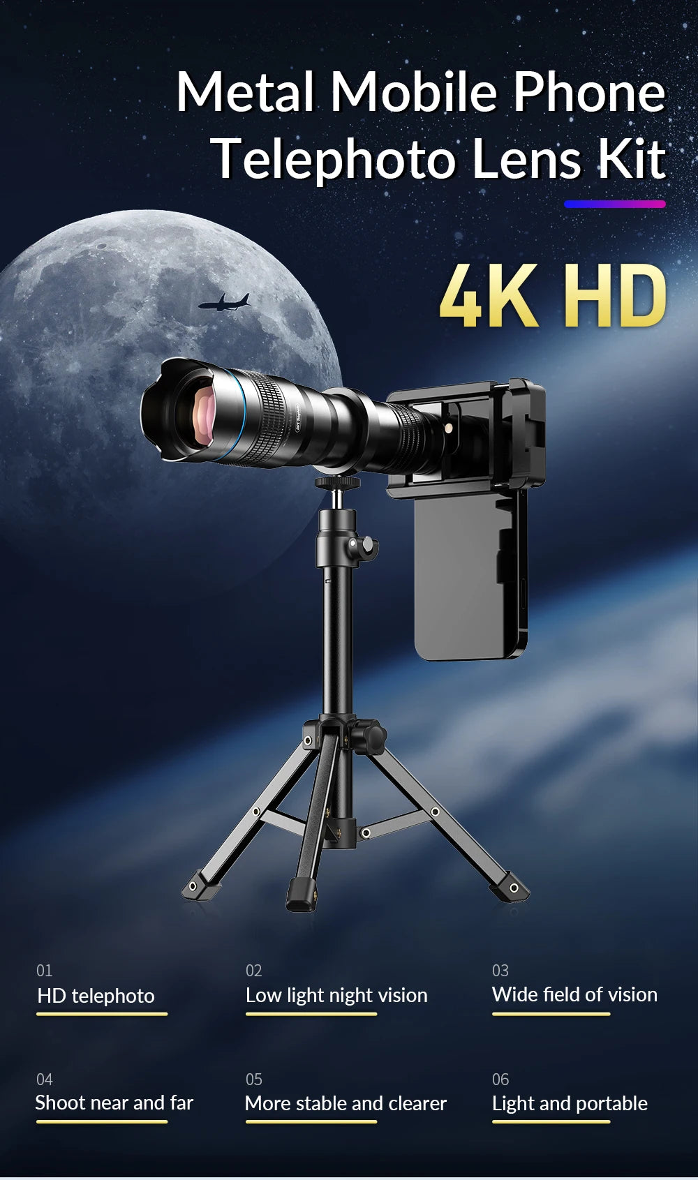 🔭📱 APEXEL 36X Metal Telephoto Zoom Lens with Tripod
