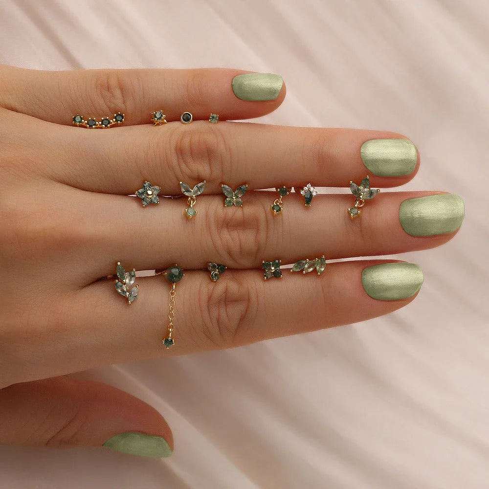 🌿✨ BOAKO 925 Sterling Silver Natural Moss Agate Pendant Piercing Earring 👑🌸 | Crown & Flower Design Elegant Daily Wear Jewelry for Women 💚