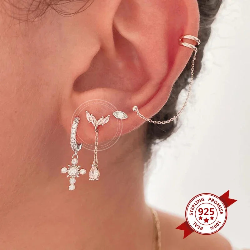 ✨💎 925 Silver Ear Needle Crystal Star Stud Earrings 💖 | Heart Chain Tassel Pendant Earrings for Women 👰 | Party & Wedding Jewelry Accessories 🌟