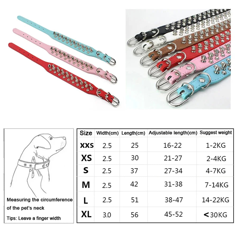 Adjustable Spiked Dog Collar 🐶 PU Leather Punk Studded Pet Collar for Small Dogs & Cats