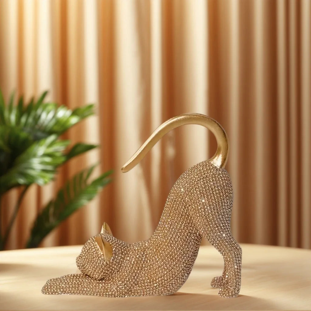 🐱✨ Lazy Cat Stretching Resin Figurine 💎 | Sparkling Crystal Desk Ornament 🏡 | Creative Cat Statue Home Decoration Gift for Cat Lovers 🎁