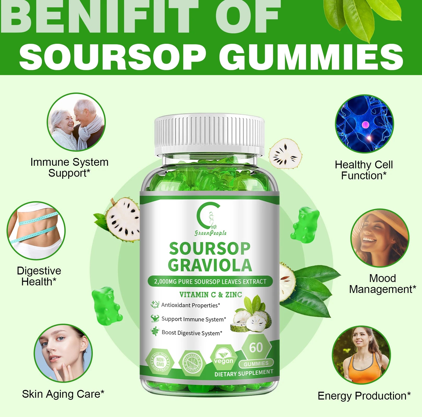 Soursop Gummies 🍃 | Immune, Digestive & Skin Health Support | Vitamin C & Zinc | Cellular Wellness Formula | 60 Gummies