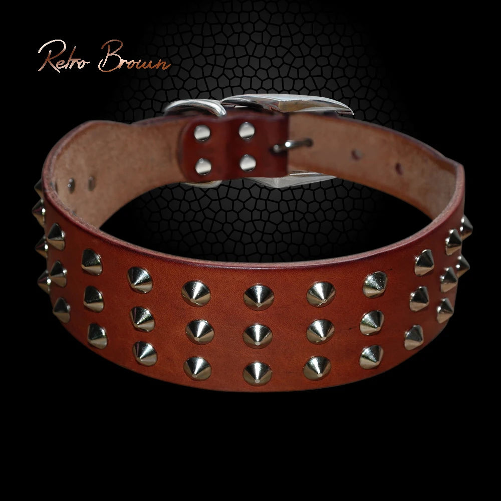 🐕🖤 Genuine Leather Dog Collar – Studded & Spiked Rivet Collar for Large Dogs | Pitbull, Mastiff, Boxer (XS–L)