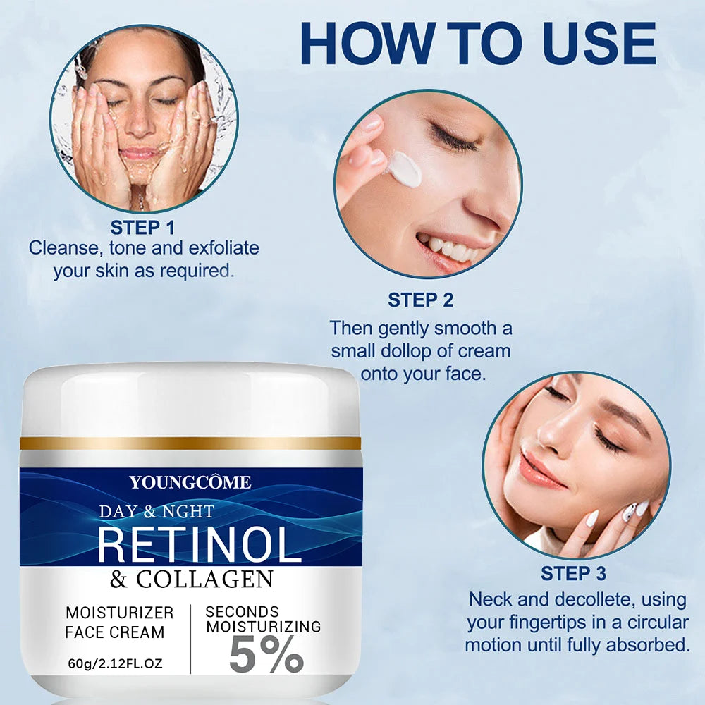 Collagen Retinol Hyaluronic Acid Facial Cream for anti-aging firming lifting fading fine lines whitening moisturizing and brightening skin.
