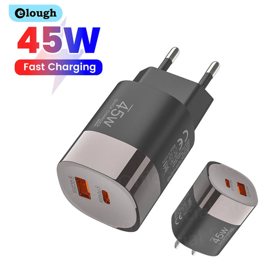 Elough 45W USB Type C Phone Charger Super Fast Charge 2 Port Wall Charger USB PD Adapter For iPhone Realme Huawei USB C cargador