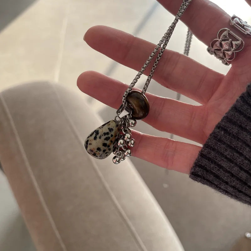 💛✨ Natural Spotted Tiger Eye Stone Necklace 🍇 | Vintage Water Droplet Grape Pendant 🌿 | Long Chain Necklace for Women Boho Accessories 💖