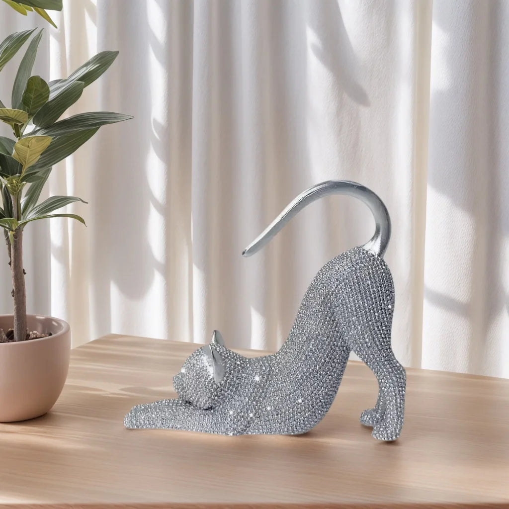 🐱✨ Lazy Cat Stretching Resin Figurine 💎 | Sparkling Crystal Desk Ornament 🏡 | Creative Cat Statue Home Decoration Gift for Cat Lovers 🎁