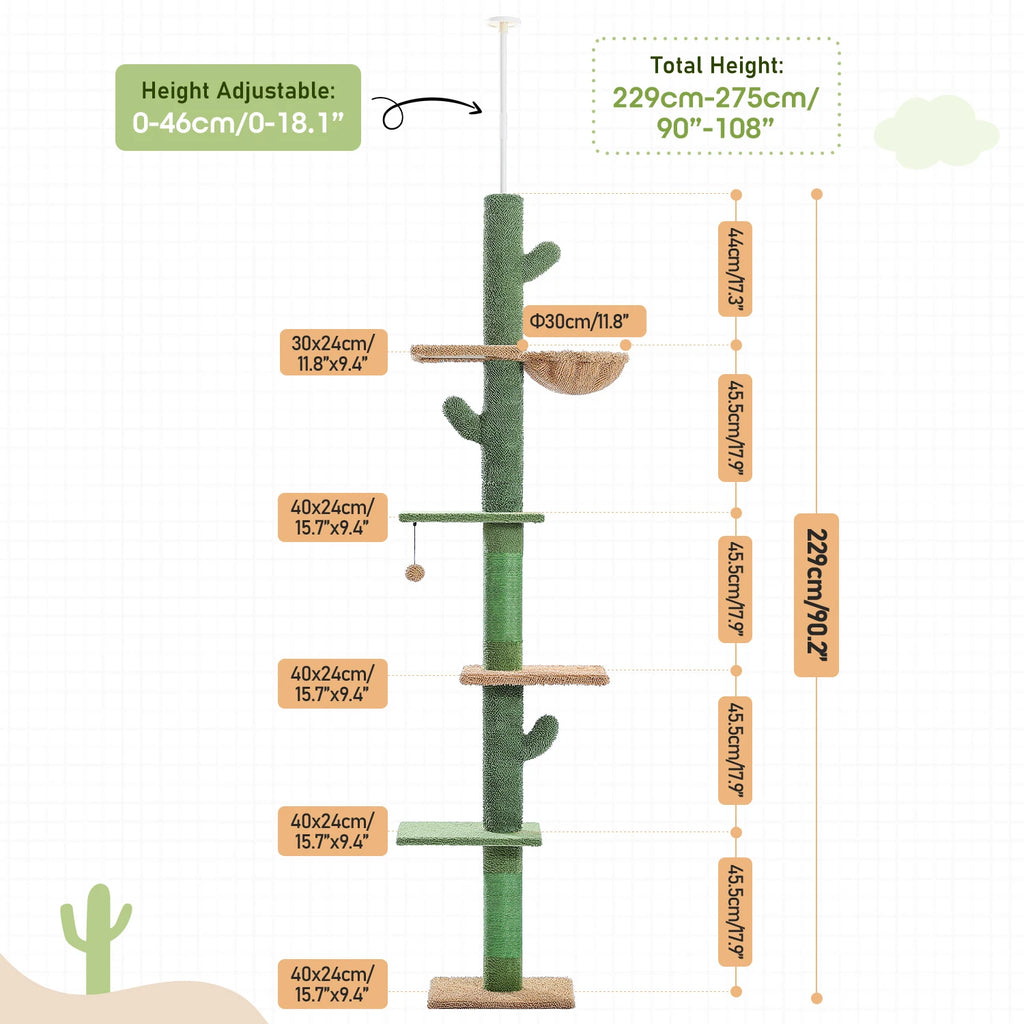 🌵🐱 5-Tier Floor-to-Ceiling Cat Tree – Cactus Climbing Tower