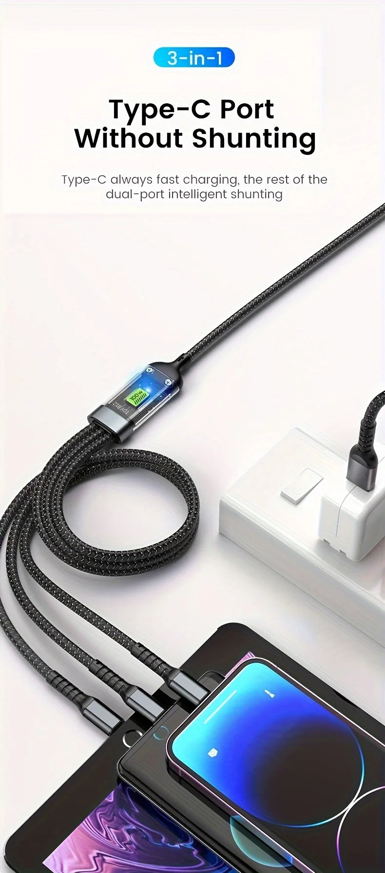 100W 3-in-1 MFi Transparent Fast Charging Cable with LED Pilot Lamp