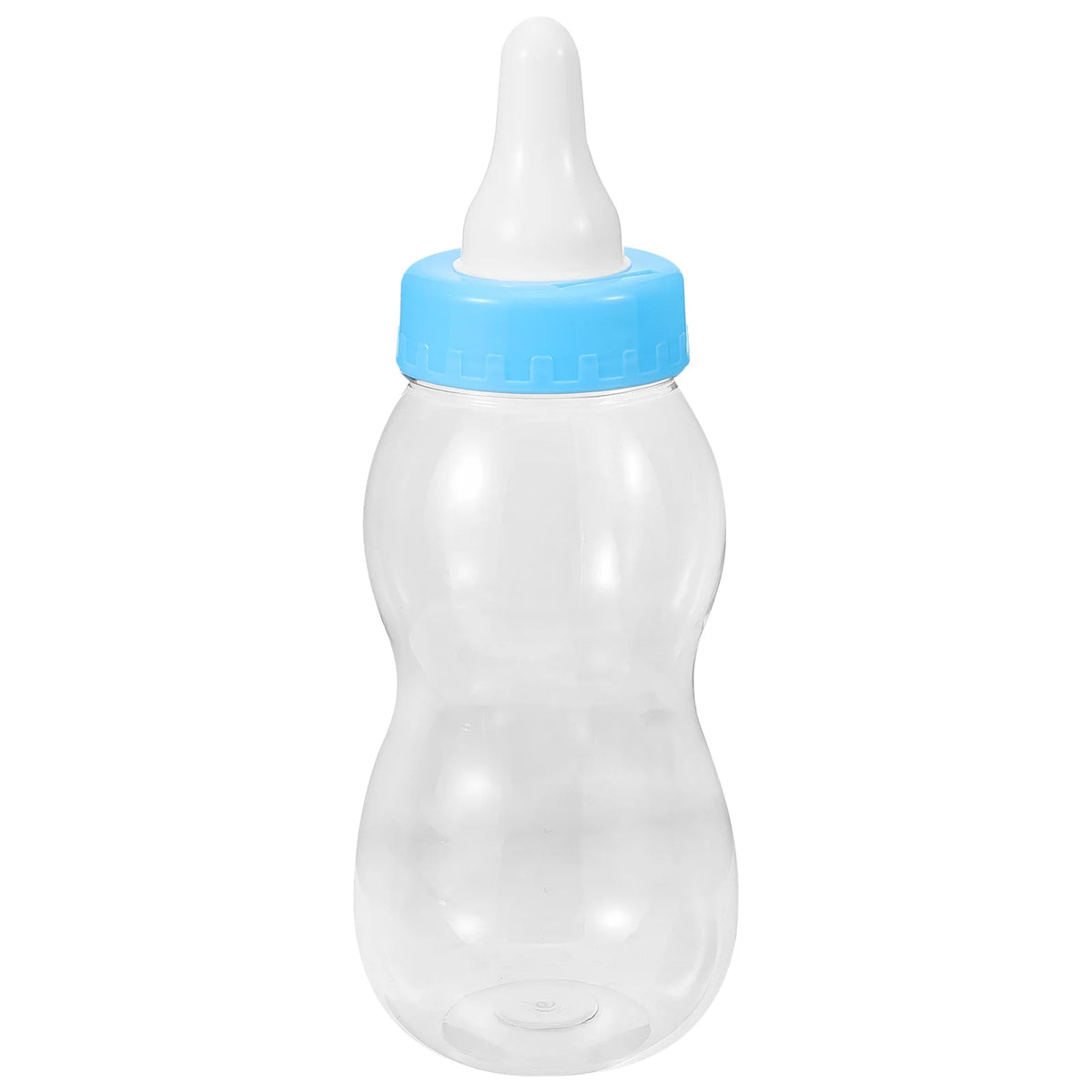 Clear baby bottle piggy-bank money box coin bank  with a blue cap on a white background