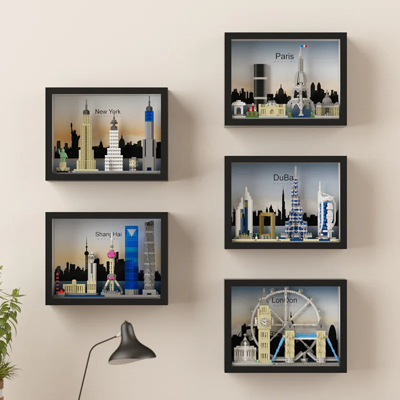 🌍🧱 Micro World Famous Architecture Building Blocks – New York, Paris, London & Dubai Skyline Photo Frame DIY Wall Decoration