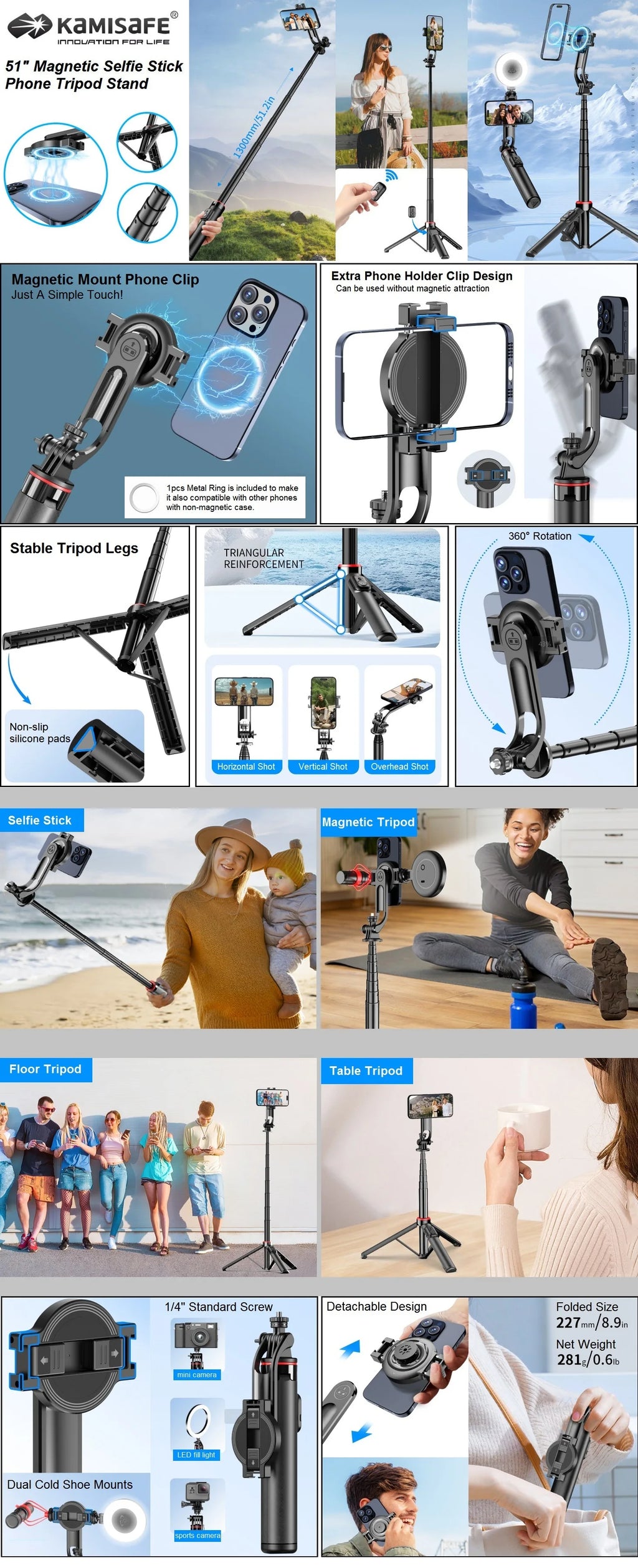 Magnetic Selfie Stick Tripod 51" – MagSafe Compatible Phone Stand