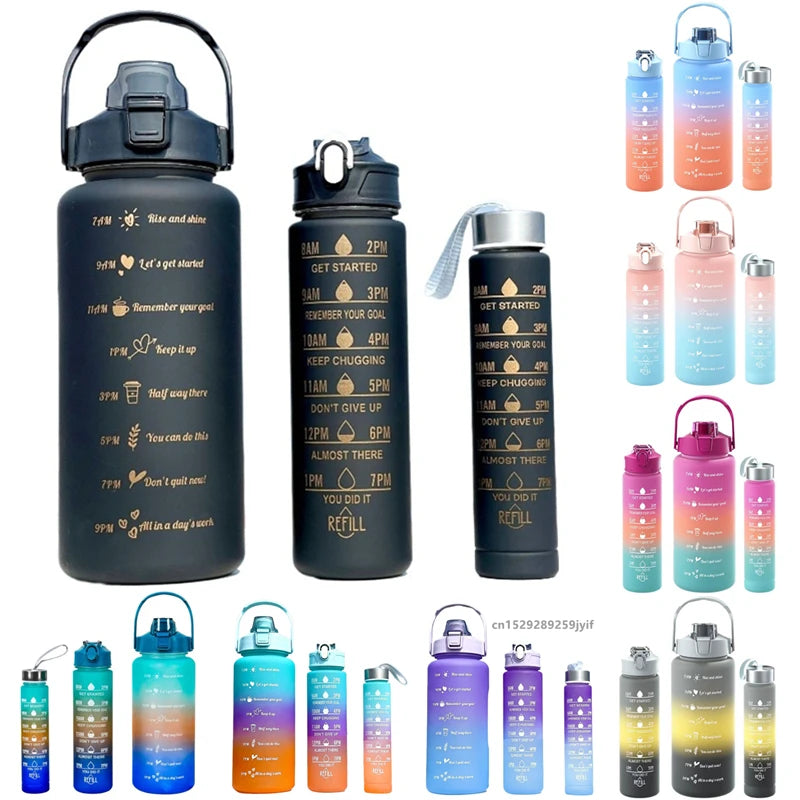 3PCS Gradient Sports Water Bottle Set (300ML / 900ML / 2L) – Leakproof Straw Fitness Bottle 💧✨