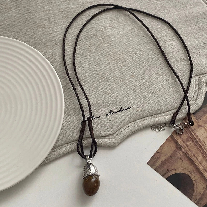 💛✨ Natural Spotted Tiger Eye Stone Necklace 🍇 | Vintage Water Droplet Grape Pendant 🌿 | Long Chain Necklace for Women Boho Accessories 💖