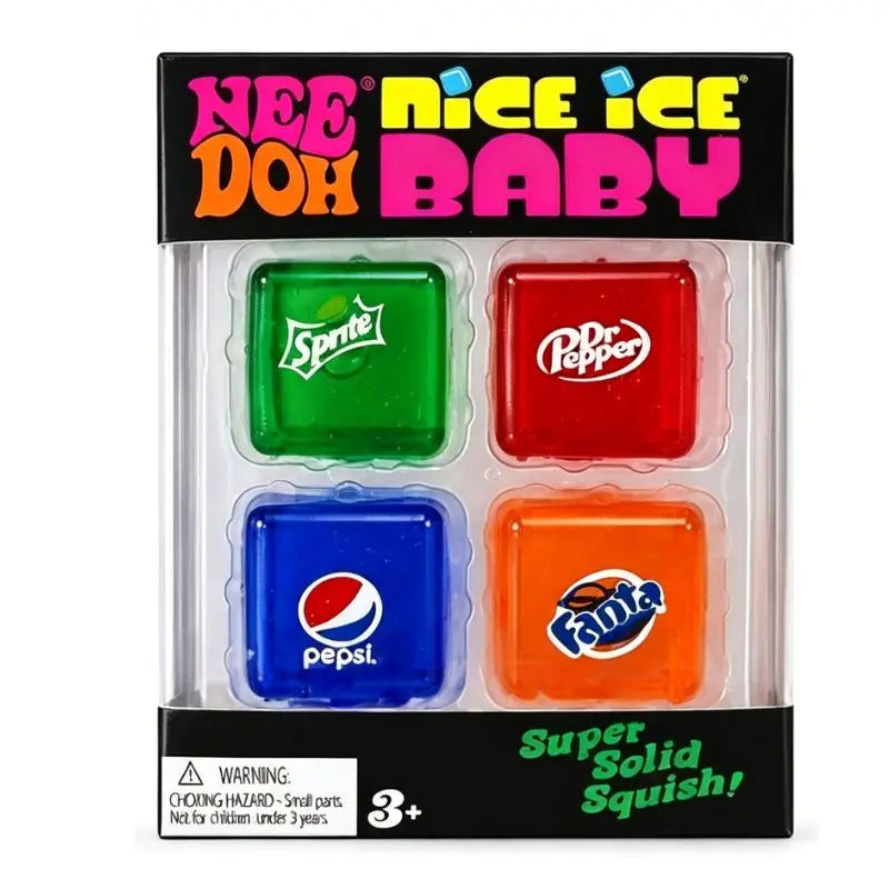 Four soda-themed squishy cubes with Sprite, Dr Pepper, Pepsi, and Fanta graphics