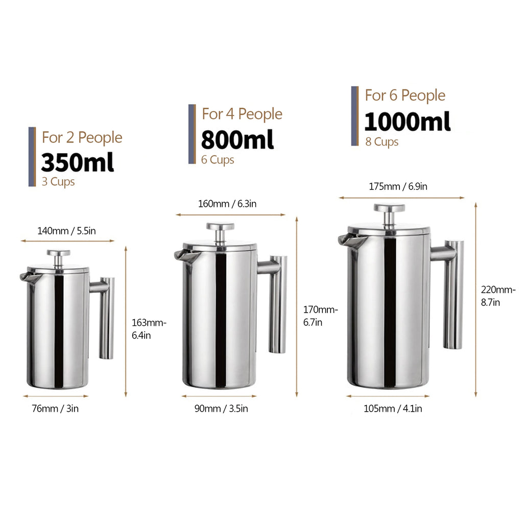 ☕✨ Stainless Steel French Press Coffee Maker | Double-Walled Insulated Coffee Pot 🫖 | 350ml / 800ml / 1000ml Coffee Brewer