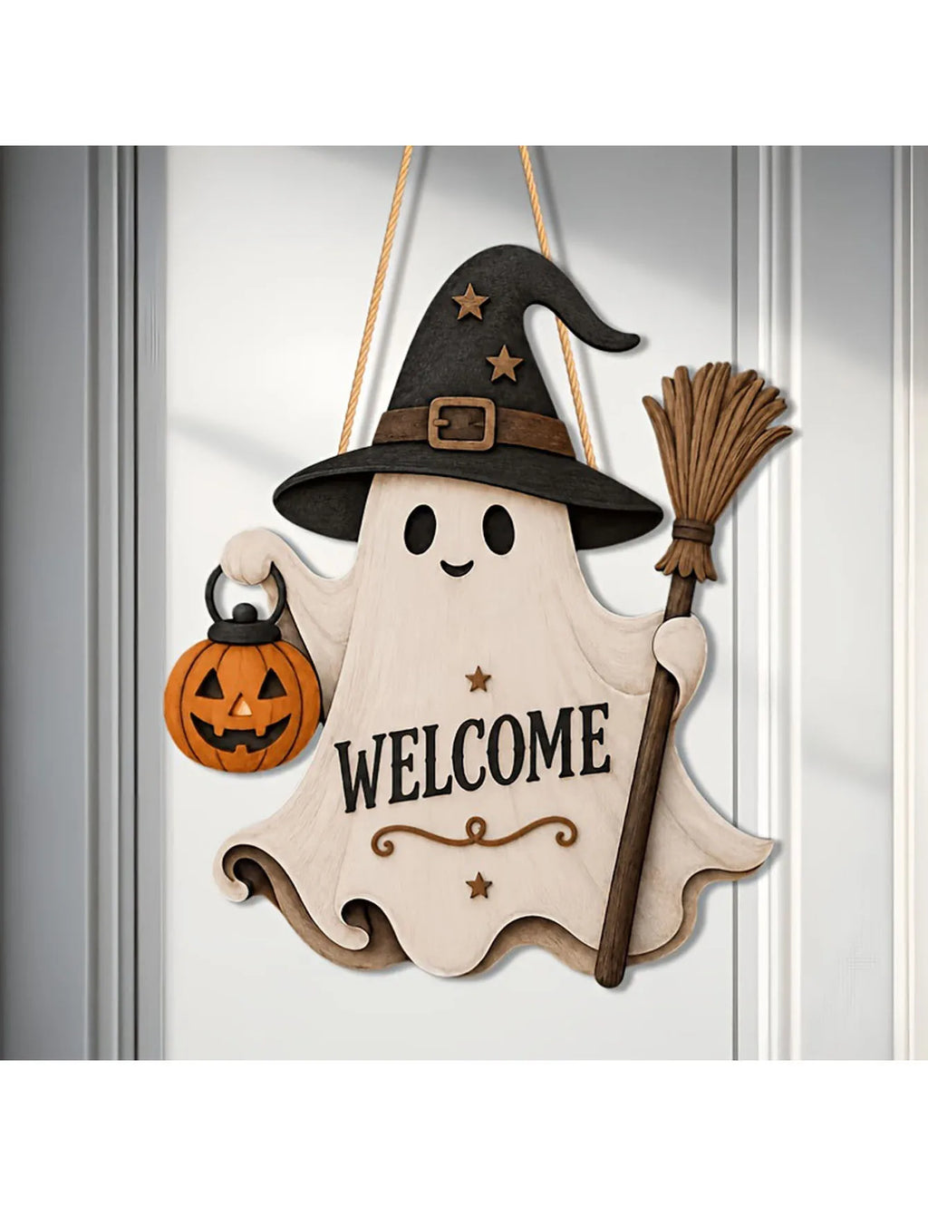 Halloween Ghost Door Plaque – Witch Hat, Broom & Pumpkin