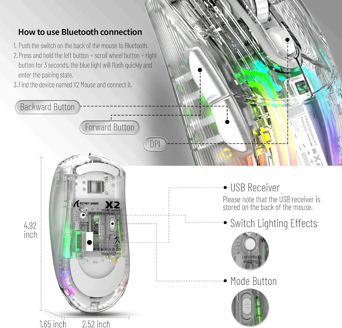 🔥🖱️ ATTACK SHARK X2 Pro Triple Mode Wireless RGB Gaming Mouse – Transparent Shell