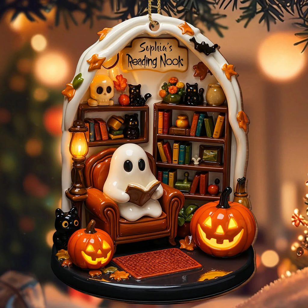 Halloween Ghost Reading Ornament – Spooky Home Décor