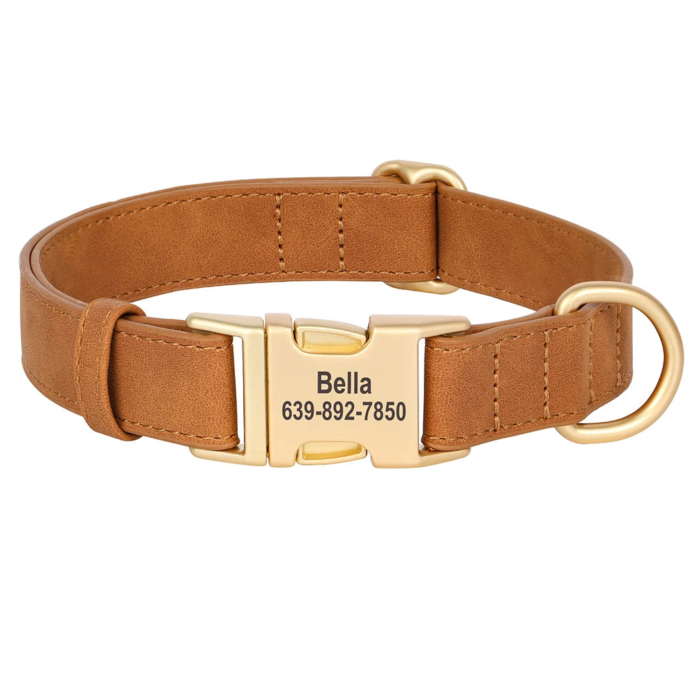 PU Leather Dog Collar with Free Custom Engraved Nameplate, Adjustable Anti‑Lost Buckle Collar for All Dog Sizes