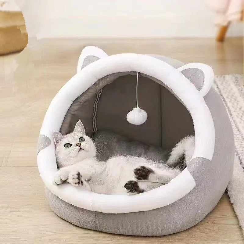 Cozy Washable Pet Lounger Cushion 🐾 Warm Cat Bed House Tent 🐱 Soft Cotton Kennel for Cats &amp; Small Dogs – Winter Nest with Detachable Cushion