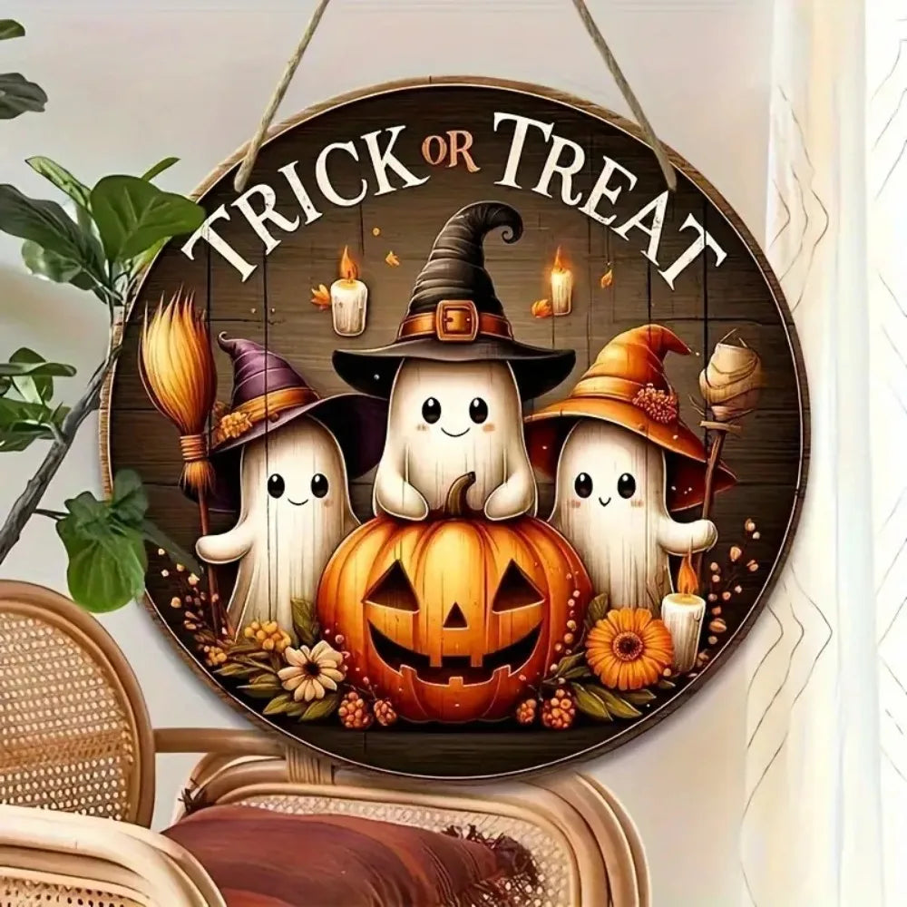 Halloween Wooden Round Sign – Ghost, Pumpkin & Witch Hat
