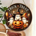 Halloween Wooden Round Sign – Ghost, Pumpkin & Witch Hat