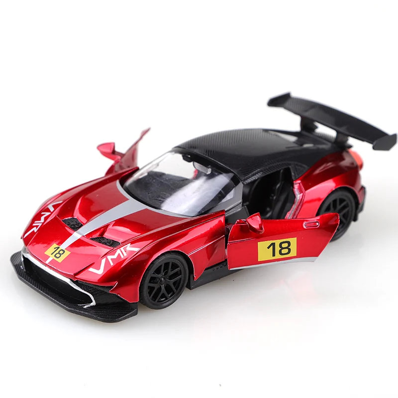 Red toy race car with black accents on a white background