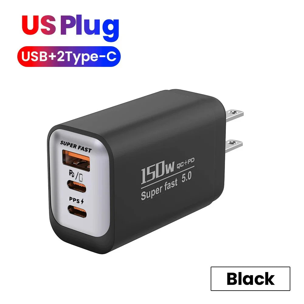 ⚡ 150W USB-C Fast Charger PD + QC3.0 | Super Fast 5.0 Travel Wall Adapter for iPhone 17, Samsung & Google Pixel 🔥