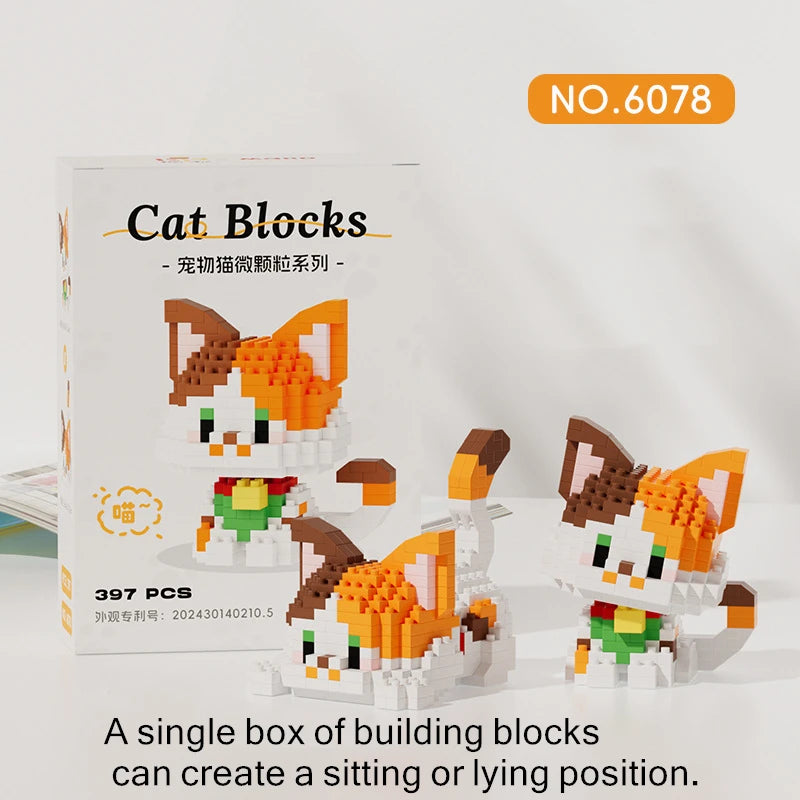 🐱🧱 Cute Pet Cat Micro Particle Building Blocks – Orange & Black Cat DIY Assembly Puzzle Toy for Kids