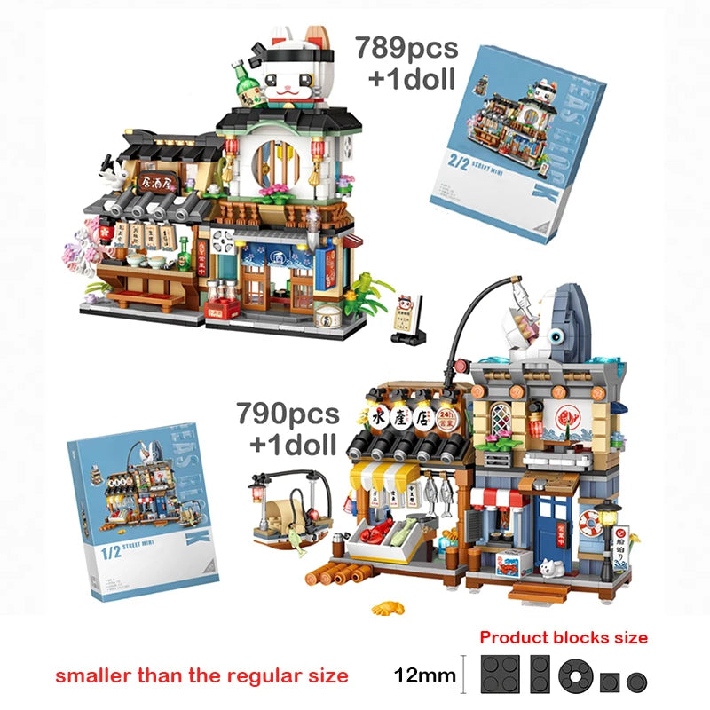 🍋🍜 Creative Mini Building Blocks – Snack Bar, Sea Fish Food House & Lemon Tea Shop DIY Puzzle Toy for Kids & Girls