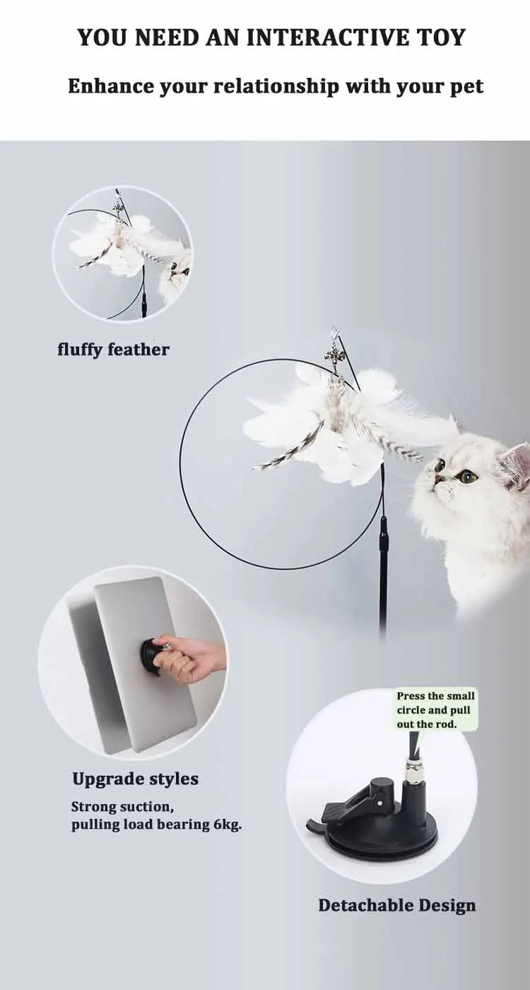 🐱🎀 Funny Fluffy Feather Cat Teaser Wand with Bell & Suction Cup