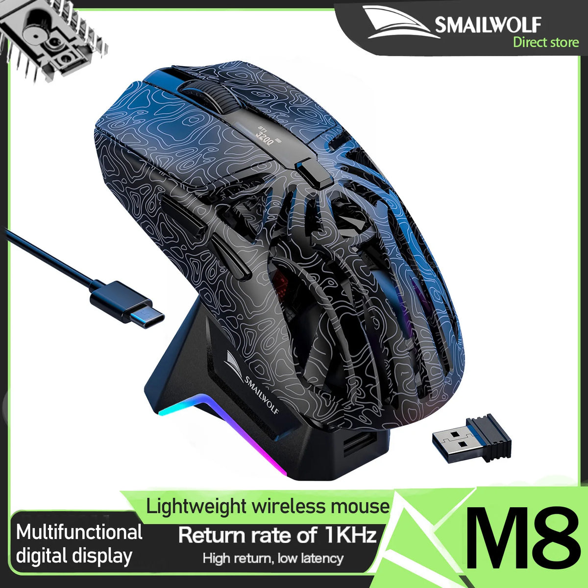 🔥🖱️ SMAILWOLF M8 Wireless RGB Gaming Mouse – 12000 DPI Tri-Mode