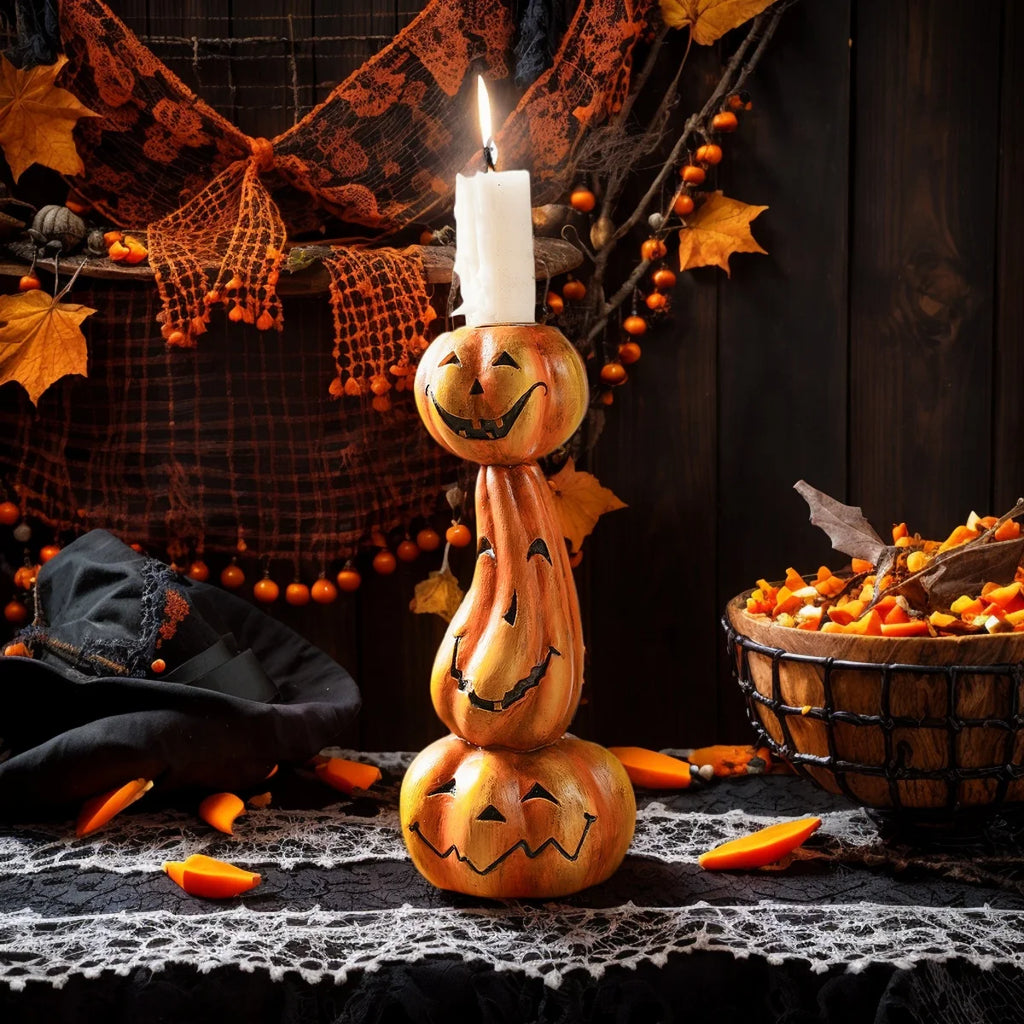 Retro Pumpkin Candlestick – Halloween Resin Décor