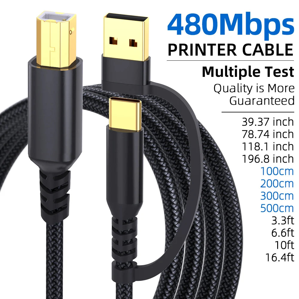 🔥 USB A & USB‑C to USB‑B 2.0 Printer Cable | Nylon Braided High‑Speed Cord for Yamaha/Casio Digital Piano, DJ Controllers, Printers & More