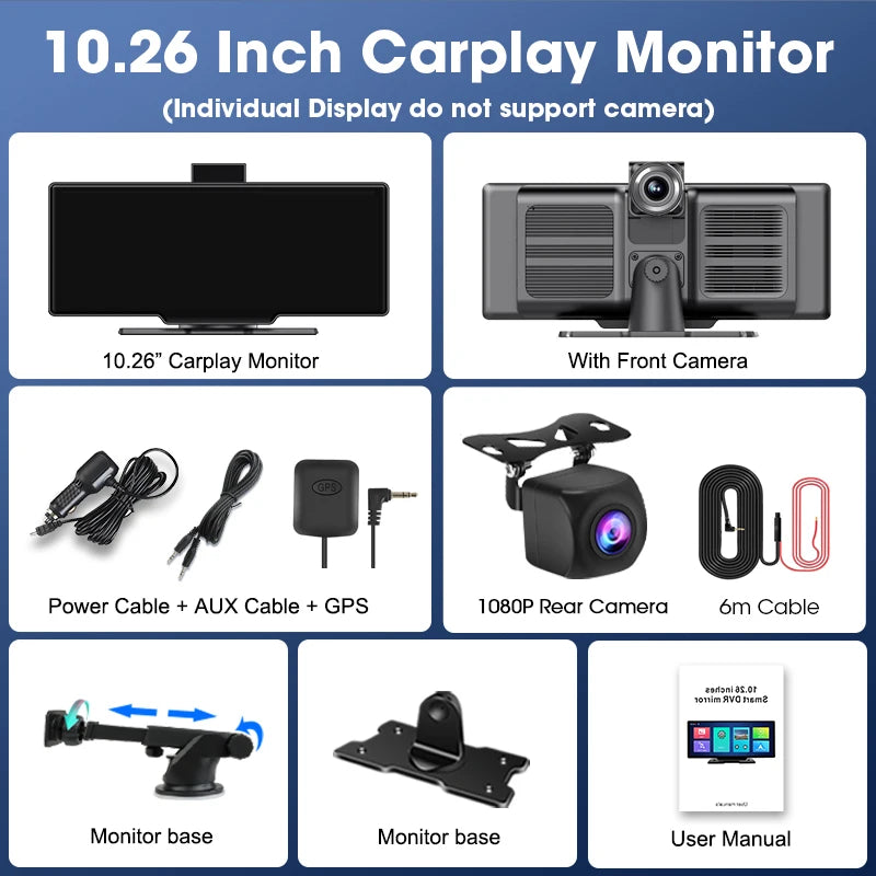 10.26" 4K Dash Cam Mirror with Wireless CarPlay & Android Auto, GPS, Rear Camera, 1600x600 IPS Touchscreen, Voice Control, Parking Monitor
