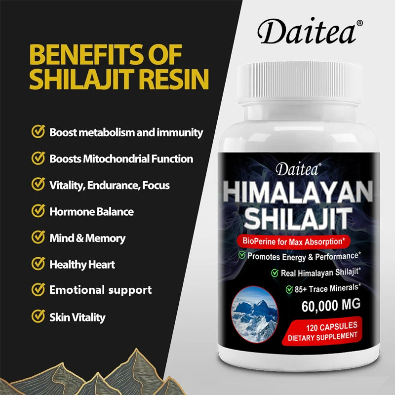 🌄 Himalaya Shilajit Capsules with Trace Minerals & Fulvic Acid – Natural Energy, Strength & Wellness Support (30/60/120 Capsules)