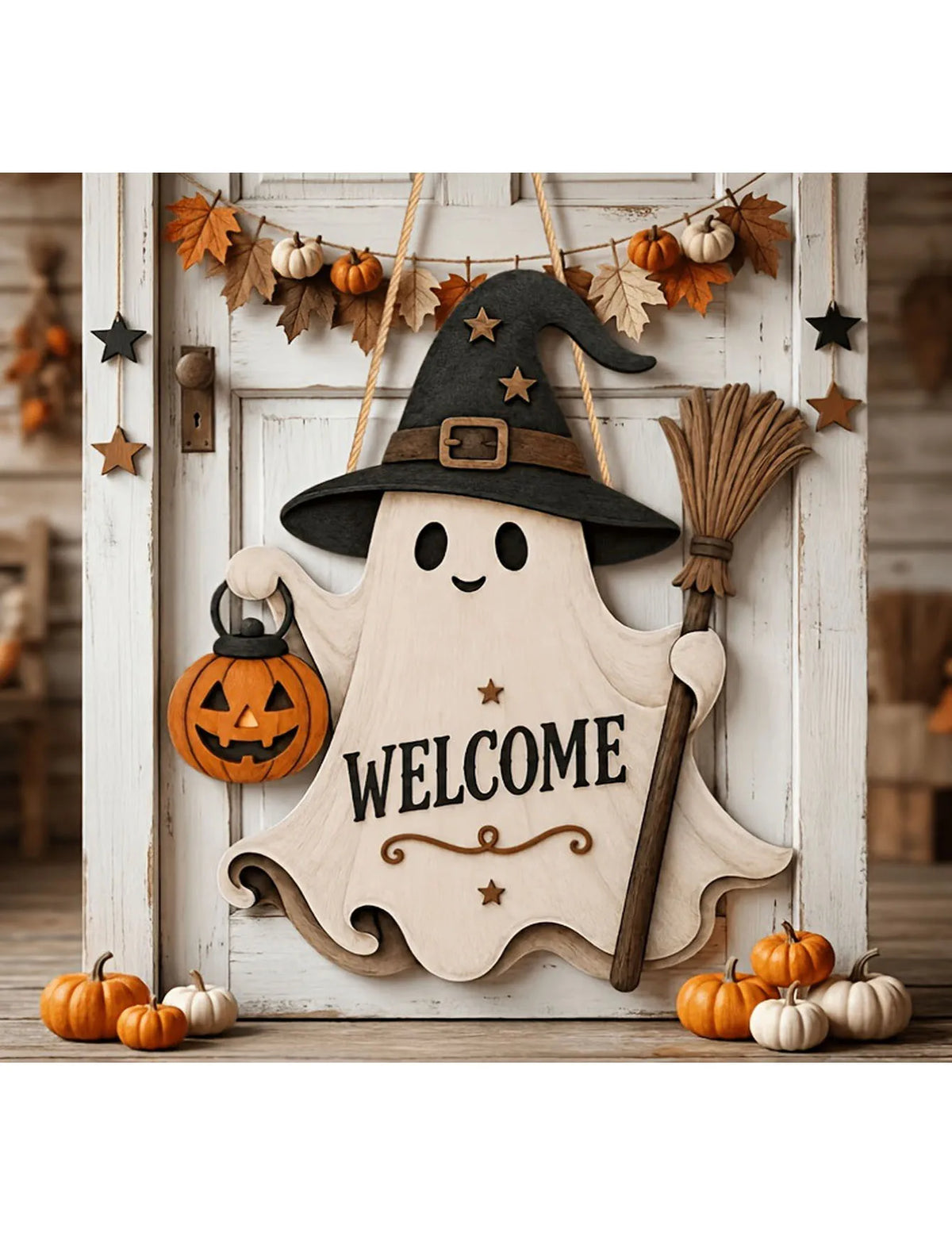 Halloween Ghost Door Plaque – Witch Hat, Broom & Pumpkin