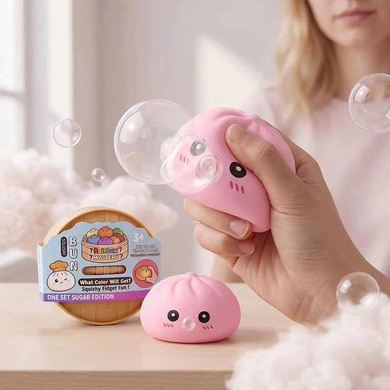 Steamed Bun Squishy Set – Bubble-Blowing Stretchy Sensory Fidget Toy