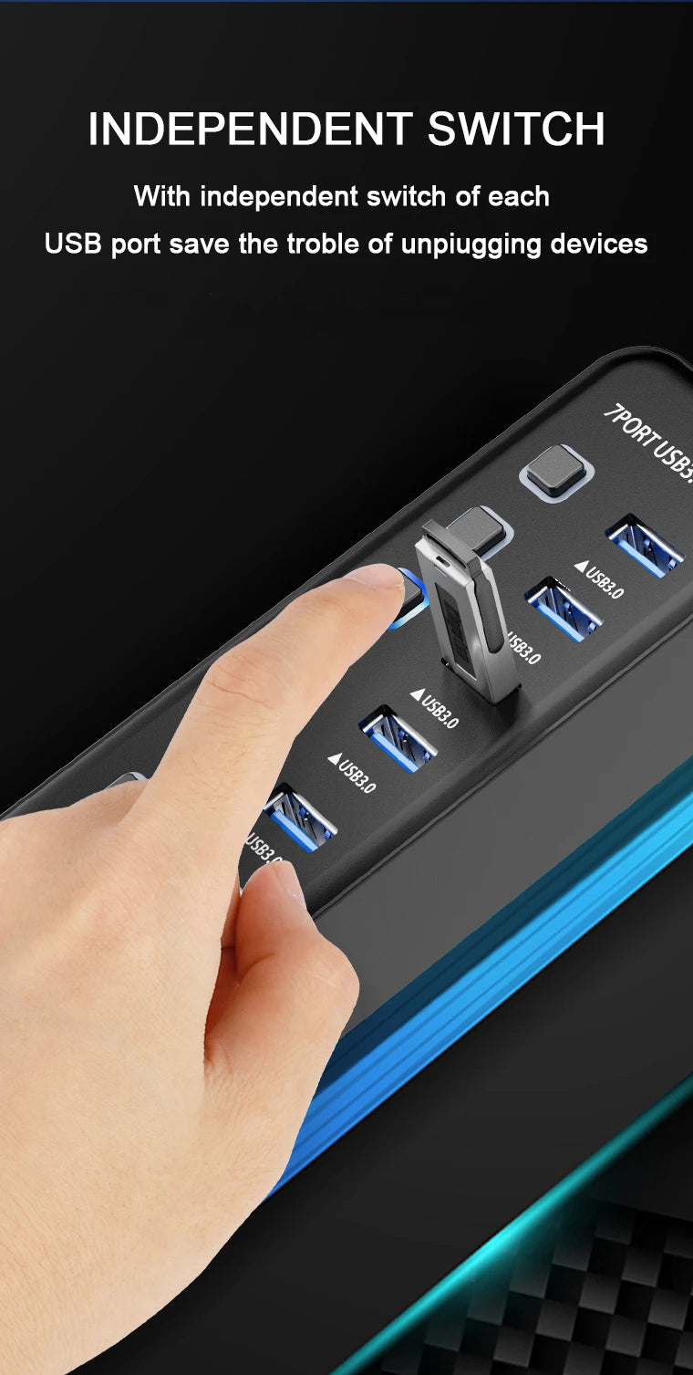 🌈🔌 RGB USB 3.0 Hub 7-Port – 5Gbps with Individual Switch