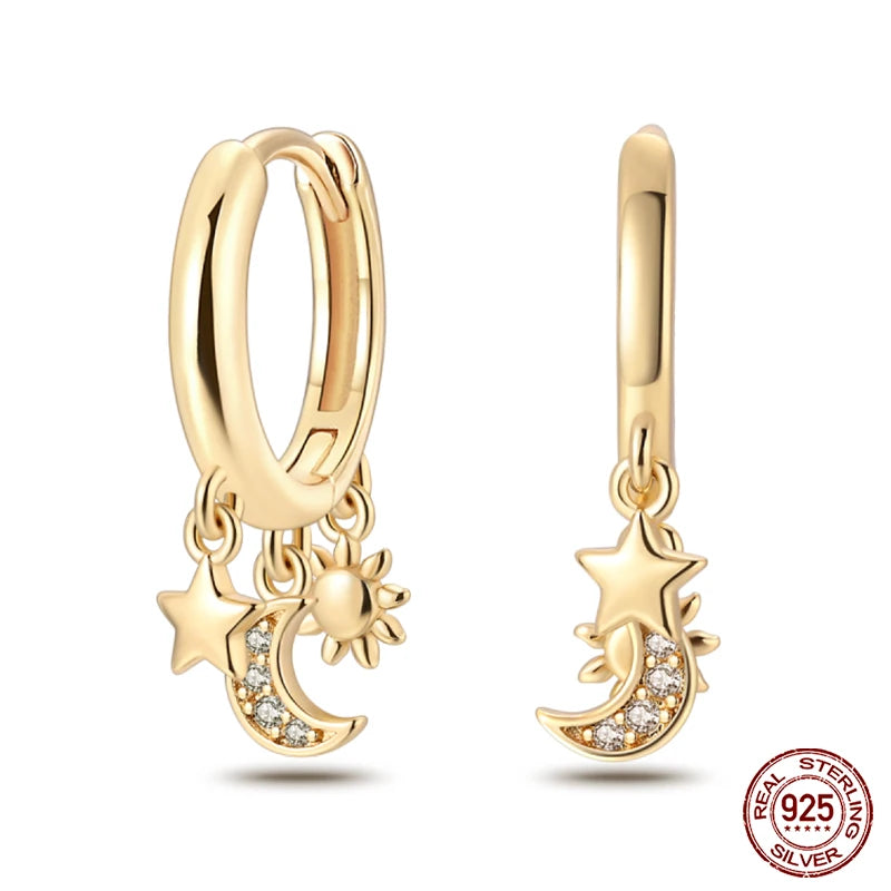 🌙⭐🐝 925 Sterling Silver Star Moon Bee Pendant Earrings ✨ | Gold-Tone Sparkling Zircon Luxury Earrings for Women 💎 | Wedding & Engagement Jewelry Gift 👰
