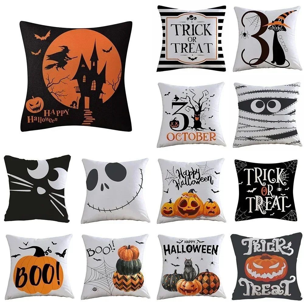 Halloween Cushion Cover – Cute Ghost, Pumpkin & Bat Print