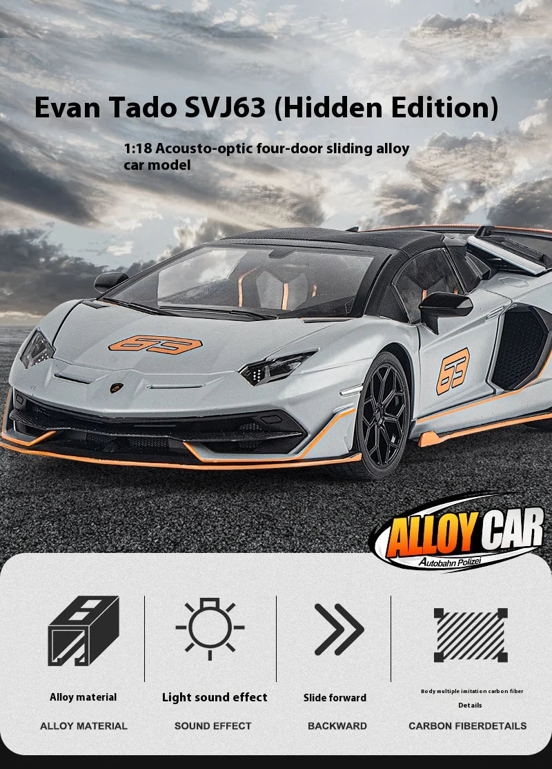 1:18 Scale SVJ63 Alloy Car Toy Model with Sound & Light Effects - Realistic Detail for Kids' Playtime & Collectors' Delight